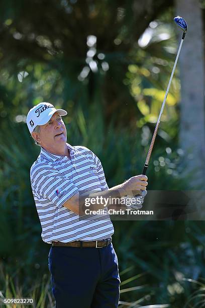 Jay Haas hits a tee shot on the second hole during the first round of the 2016 Chubb Classic at the TwinEagles Club on February 12, 2016 in Naples,...