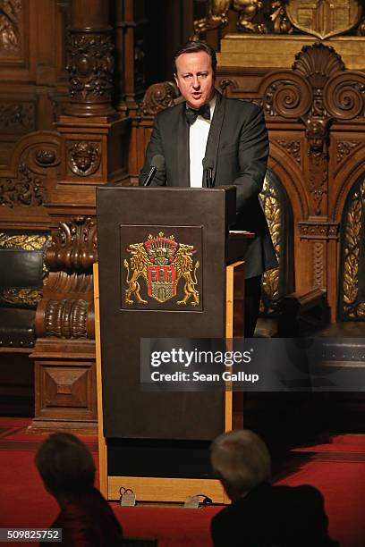 British Prime Minister David Cameron speaks at the annual Matthiae-Mahl dinner at Hamburg City Hall on February 12, 2016 in Hamburg, Germany. Cameron...