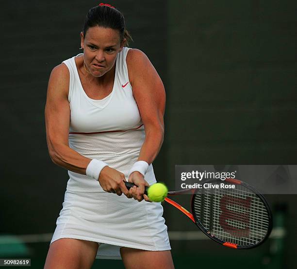 Lindsay Davenport of USA in action during her first round match against Dally Randriantefy of Madagascar at the Wimbledon Lawn Tennis Championship on...