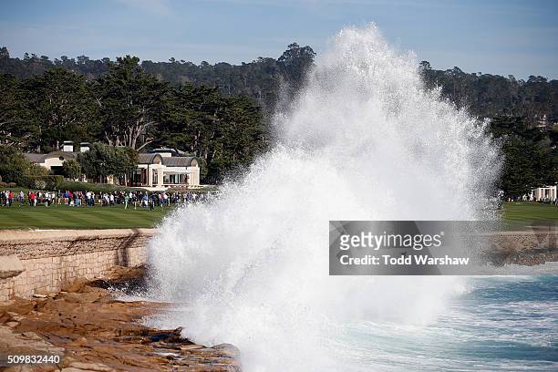 General view of waves crashing along the 18th fairway sea wall during the second round of the AT&T Pebble Beach National Pro-Am at the Pebble Beach...