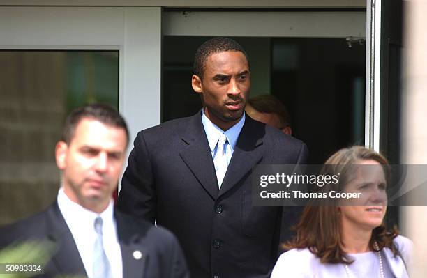 Lakers star Kobe Bryant and his attorney Pamela Mackey leave the Eagle County Justice Center June 21, 2004 in Eagle, Colorado. Kobe is due back in...