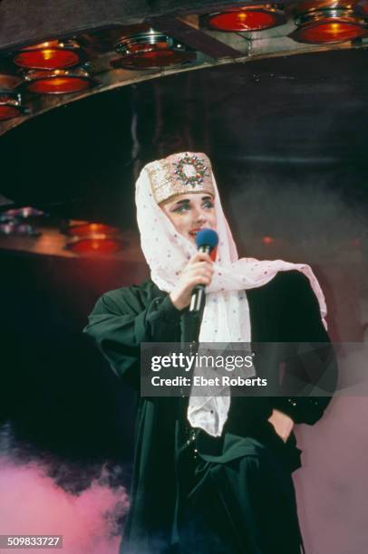 Boy George performs on stage with Culture Club, 1984.