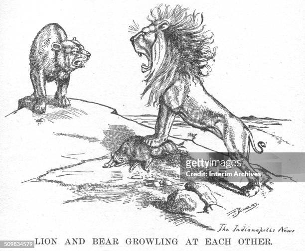 Editorial cartoon depicts a British lion that stands atop a defeated boar and roars at a Russian bear, 1900.