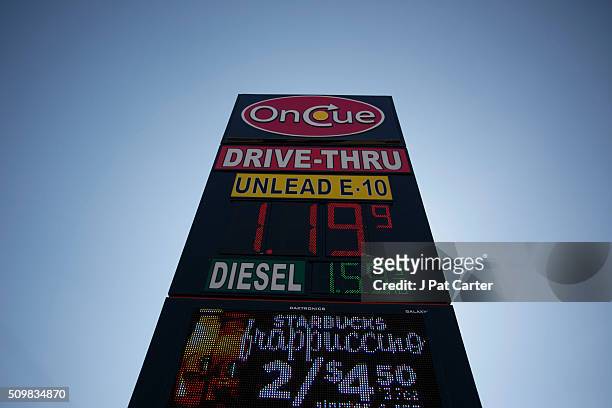 Gas station marquee displays lower gas prices February 12, 2016 in Oklahoma City, Oklahoma. Most gas stations in Oklahoma City are posting higher gas...