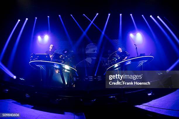 Howard and Guy Lawrence of the British band Disclosure perform live during a concert at the Arena on February 12, 2016 in Berlin, Germany.