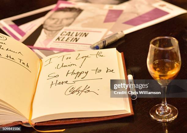 Guest book signed by Calvin Klein after his address to the Cambridge Union Society at The Cambridge Union on February 12, 2016 in Cambridge,...