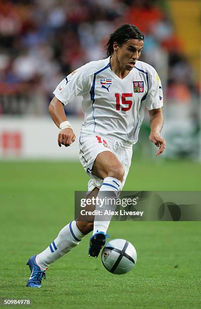 Milan Baros of Czech Republic in action during the UEFA Euro 2004, Group D match between Holland and the Czech Republic on June 19, 2004 at the...