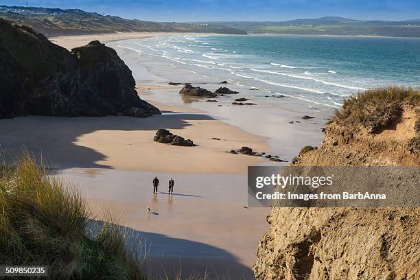 walking the dog on gwithian beach, cornwall - gwithian foto e immagini stock