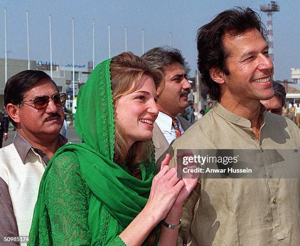 Diana, Princess of Wales, is welcomed to Lahore by Imran and Jemima Khan at Lahore airport April, 1996 in Lahore, Pakistan. Imran Khan and Jemima...