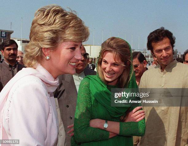 Diana, Princess of Wales, is welcomed to Lahore by Imran and Jemima Khan at Lahore airport April, 1996 in Lahore, Pakistan. Imran Khan and Jemima...