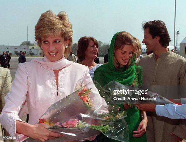 Diana, Princess of Wales, is welcomed to Lahore by Imran and Jemima Khan at Lahore airport April, 1996 in Lahore, Pakistan. Imran Khan and Jemima...