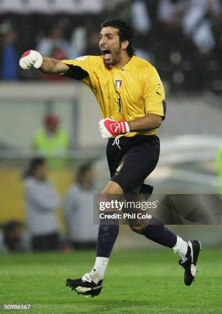 Gianluigi Buffon of Italy celebrates their first goal during the UEFA Euro 2004 Group C match between Italy and Bulgaria at the Estadio D. Afonso...