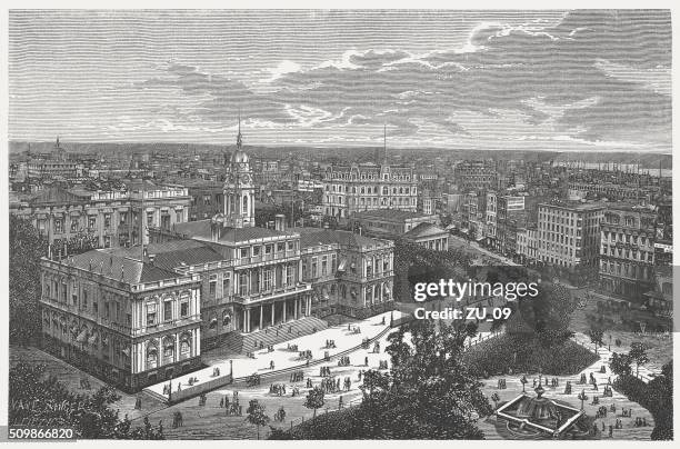 stockillustraties, clipart, cartoons en iconen met new york city hall, wood engraving, published in 1880 - broadway manhattan