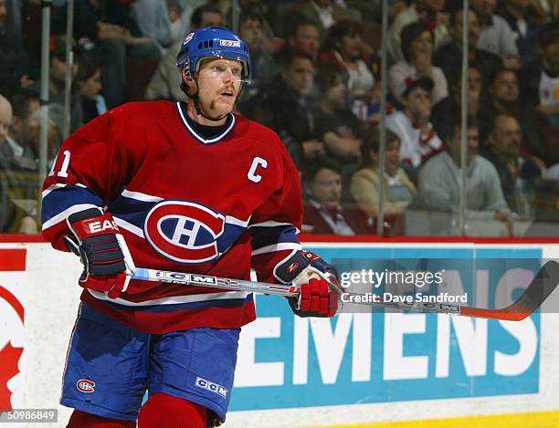 Saku Koivu of the Montreal Canadiens skates against the Tampa Bay Lightning during game four of the eastern conference semifinals on April 29, 2004...