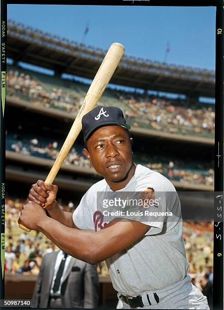 Hank Aaron of the Atlanta Braves poses for an action portrait circa 1968. Hank Aaron played for the Atlanta Braves from 1954 to 1954.