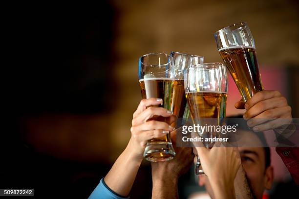 friends making a toast at the bar - beers cheers stock pictures, royalty-free photos & images