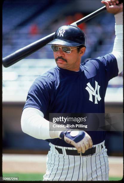 Reggie Jackson of the New York Yankees on the field during practice in 1979 at Yankee Stadium in Bronx, New York. Jackson played for the New York...