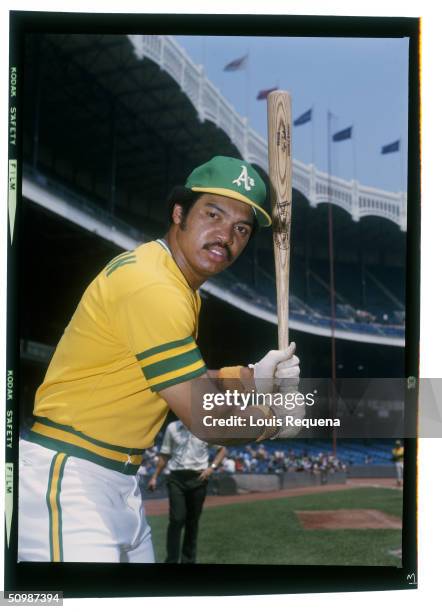 Reggie Jackson of the Oakland Athletics poses for an action portrait circa 1972 at Yankee Stadium in Bronx, New York. Reggie Jackson played for the...