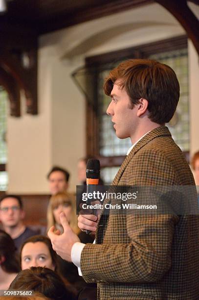 Student questioning Calvin Klein during his address to the Cambridge Union at The Cambridge Union on February 12, 2016 in Cambridge, Cambridgeshire.