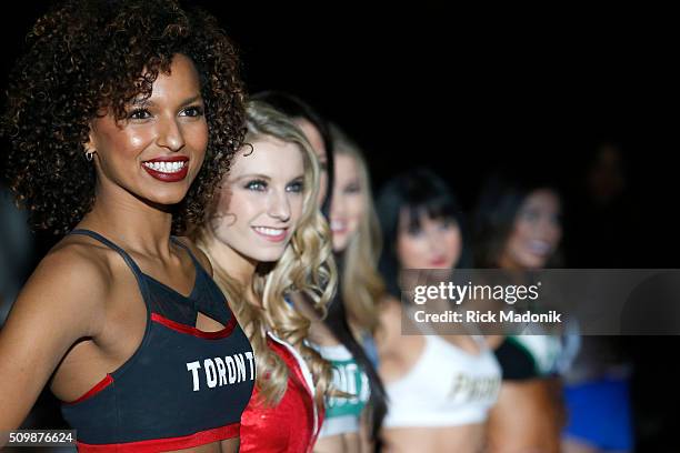 An all star cheer leader squad lines the lanes for player introduction. NBA all star Celebrity game is 1st half action at Ricoh Coliseum, all part of...