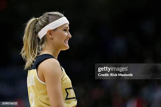 Eugenie Bouchard hasn't touched the ball much, but seems to be enjoying herself. NBA all star Celebrity game is 1st half action at Ricoh Coliseum,...