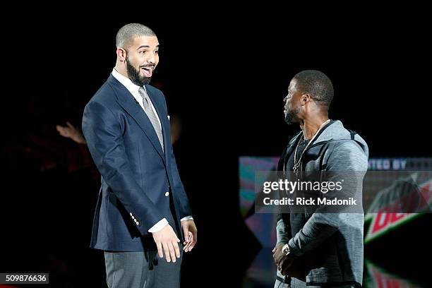Canada Coach Drake reacts to USA Coach Kevin Hart's dismissive face when being introduced. NBA all star Celebrity game is 1st half action at Ricoh...
