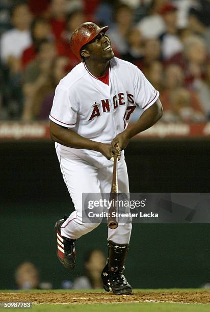 Vladimir Guerrero of the Anaheim Angels watches a sacrifice fly during the bottom of the seventh inning on June 22, 2004 at Angel Stadium of Anaheim...