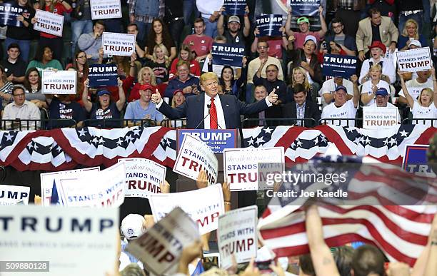 Republican presidential candidate Donald Trump speaks during a campaign rally at the University of South Florida Sun Dome on February 12, 2016 in...