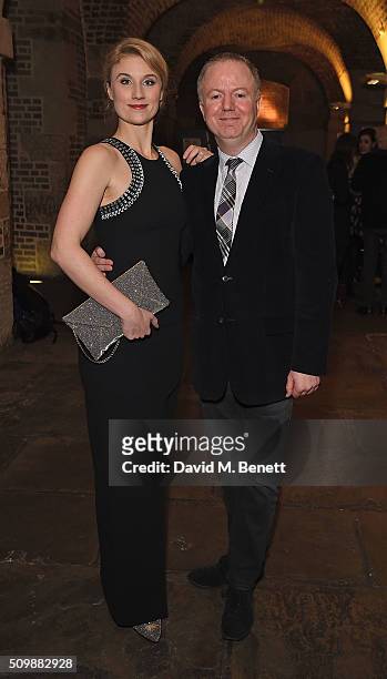 Jessica Swale and Christopher Luscombe attend the press night after party of "Nell Gwynn" at The Crypt St Martins on February 12, 2016 in London,...