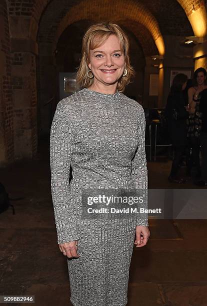 Sarah Woodward attends the press night after party of "Nell Gwynn" at The Crypt St Martins on February 12, 2016 in London, England.