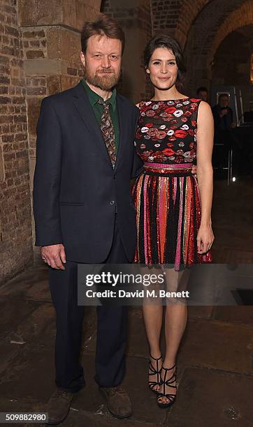 Charles Beauclerk and Gemma Arterton attend the press night after party of "Nell Gwynn" at The Crypt St Martins on February 12, 2016 in London,...