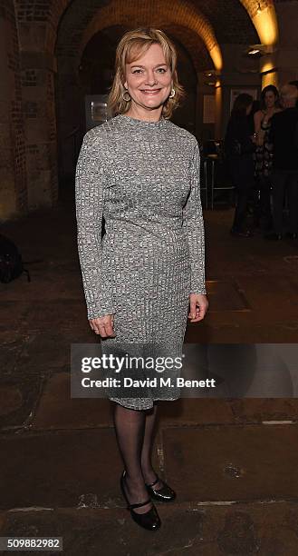 Sarah Woodward attends the press night after party of "Nell Gwynn" at The Crypt St Martins on February 12, 2016 in London, England.