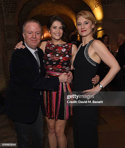 Christopher Luscombe, Gemma Arterton and Jessica Swale attend the press night after party of "Nell Gwynn" at The Crypt St Martins on February 12,...