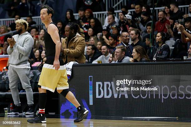 Team Canada Steve Nash tries to sub into the game. But doesn't make it. NBA all star Celebrity game is 2nd half action at Ricoh Coliseum, all part of...