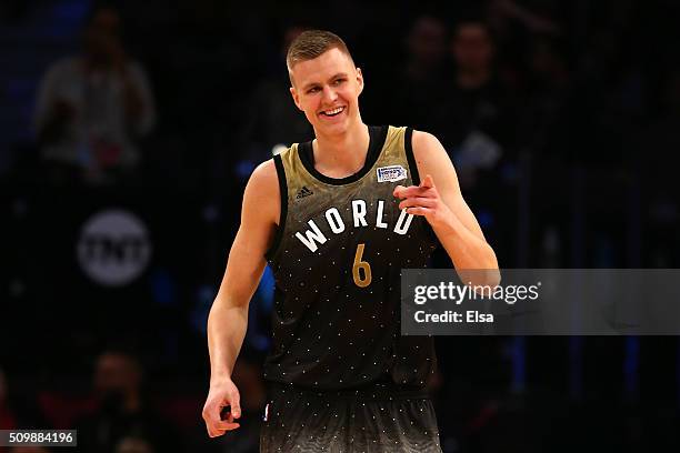 Kristaps Porzingis of the New York Knicks and World team reacts after a play in the first half against the United States team during the BBVA Compass...