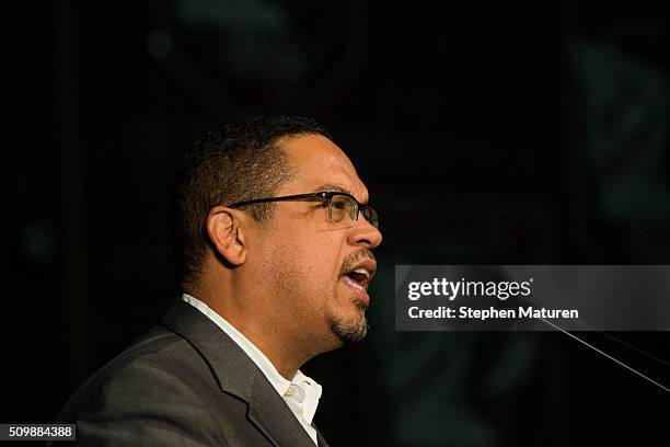 Rep. Keith Ellison introduces Democratic presidential candidate Sen. Bernie Sanders at a forum on race and economic opportunity at Patrick Henry High...