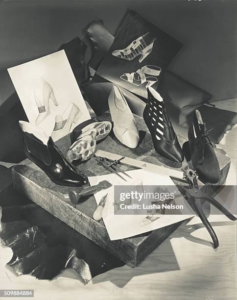 Four shoes by Padova of Paris worn by mannequins for the Schiaparelli collection, sketches and tools for construction of shoes.