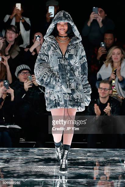 Rihanna walks the runway at the FENTY PUMA by Rihanna AW16 Collection during Fall 2016 New York Fashion Week at 23 Wall Street on February 12, 2016...