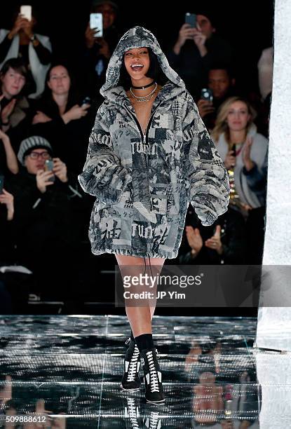 Rihanna walks the runway at the FENTY PUMA by Rihanna AW16 Collection during Fall 2016 New York Fashion Week at 23 Wall Street on February 12, 2016...