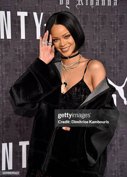 Rihanna attends the FENTY PUMA by Rihanna AW16 Collection during Fall 2016 New York Fashion Week at 23 Wall Street on February 12, 2016 in New York...