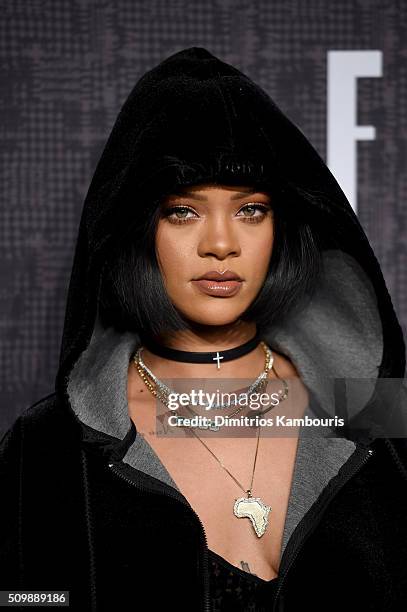 Rihanna attends the FENTY PUMA by Rihanna AW16 Collection during Fall 2016 New York Fashion Week at 23 Wall Street on February 12, 2016 in New York...