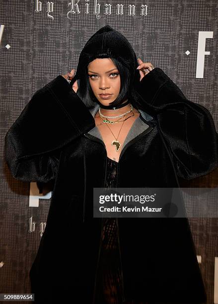 Rihanna attends the FENTY PUMA by Rihanna AW16 Collection during Fall 2016 New York Fashion Week at 23 Wall Street on February 12, 2016 in New York...