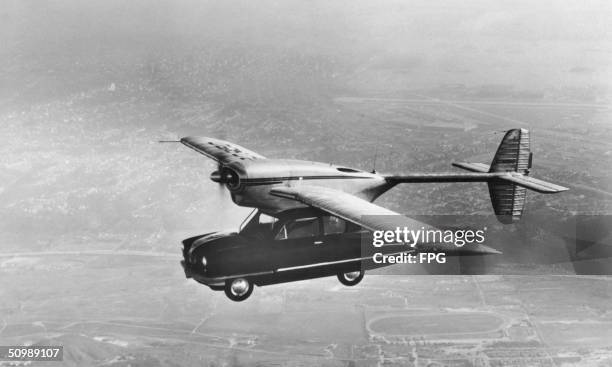 ConVairCar, Model 118 flying car during a test-flight, California, November 1947. The hybrid vehicle was designed by Theodore P. Hall for the...