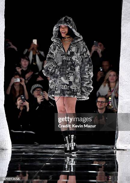 Rihanna walks the runway at the FENTY PUMA by Rihanna AW16 Collection during Fall 2016 New York Fashion Week at 23 Wall Street on February 12, 2016...