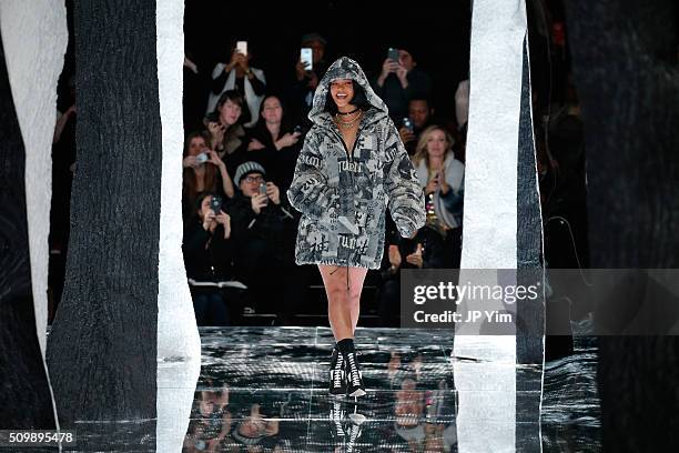 Rihanna walks the runway at the FENTY PUMA by Rihanna AW16 Collection during Fall 2016 New York Fashion Week at 23 Wall Street on February 12, 2016...