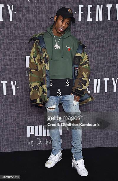 Travis Scott attends the FENTY PUMA by Rihanna AW16 Collection during Fall 2016 New York Fashion Week at 23 Wall Street on February 12, 2016 in New...