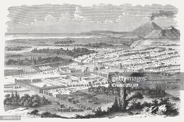 the excavated pompeii, wood engraving, published in 1864 - naples italy stock illustrations