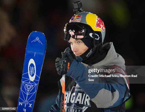 Oscar Wester of Sweden reacts after landing a trick during the Polartec Big Air event at Fenway Park on February 12, 2016 in Boston, Massachusetts.