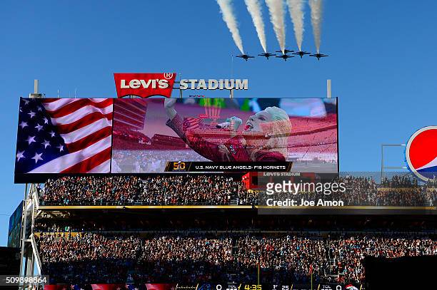 Flyover as Lady Gaga sings the National Anthem before the Denver Broncos played the Carolina Panthers in Super Bowl 50 at Levi's Stadium in Santa...
