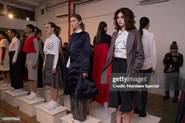 Models pose at the Damnsel 'Garmeoplasty' presentation during Fall 2016 New York Fashion Week on February 12, 2016 in New York City.